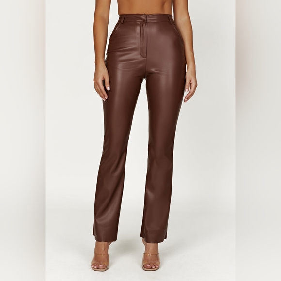 Straight Leg Faux Leather Pants - Chocolate - Picture 1 of 6